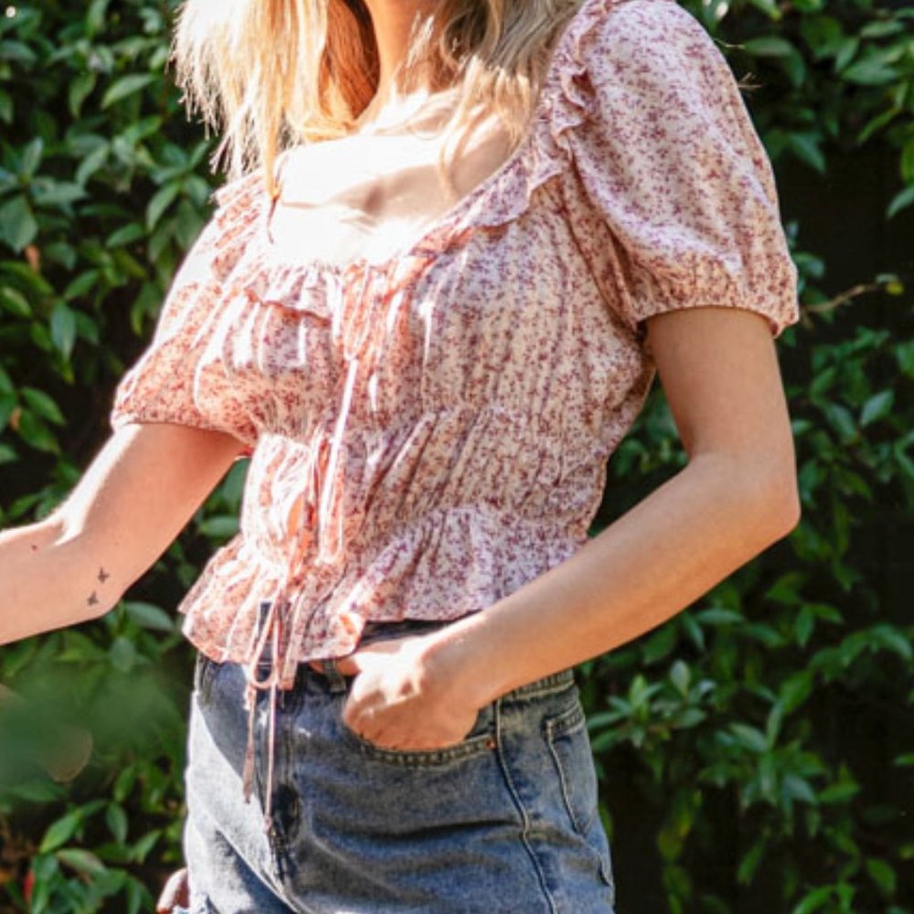NEW BOHO PINK FLORAL RUFFLE WIDE NECK TOP - Picture 2 of 6
